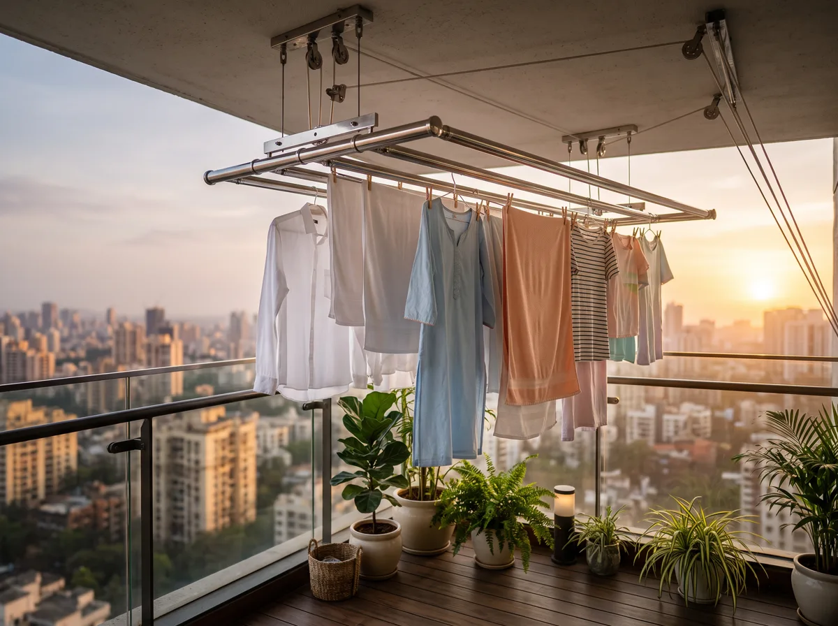 Ceiling-mounted stainless steel cloth drying hanger on a modern apartment balcony