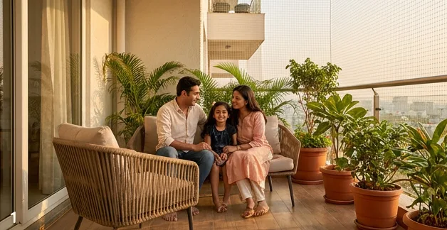 Family relaxing on a plant-filled balcony secured with near-invisible safety nets