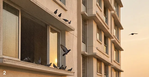 Apartment window protected by discreet anti-pigeon netting