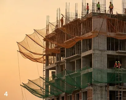 High-rise construction site wrapped in protective safety netting