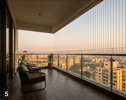 High-rise balcony with invisible grille cables preserving the skyline view
